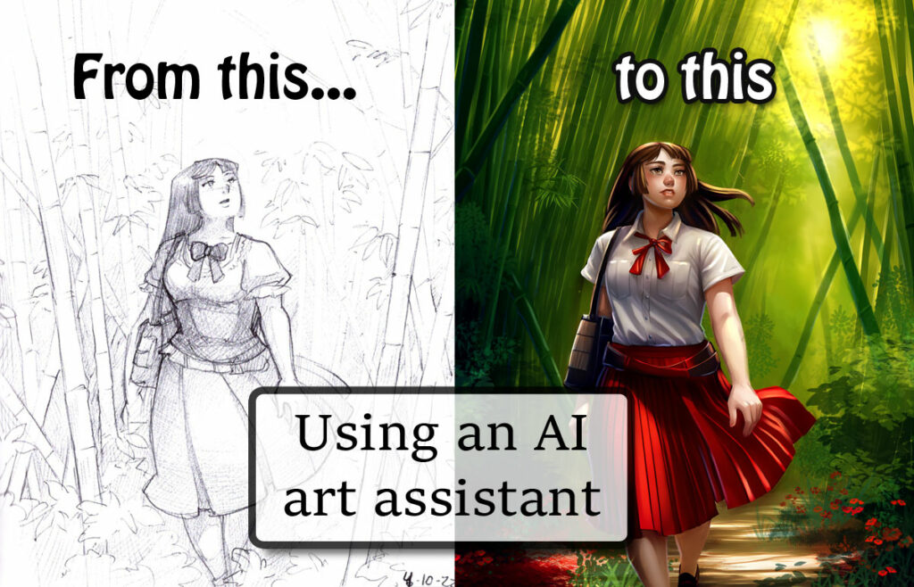 From sketch to final using an AI art assistant.